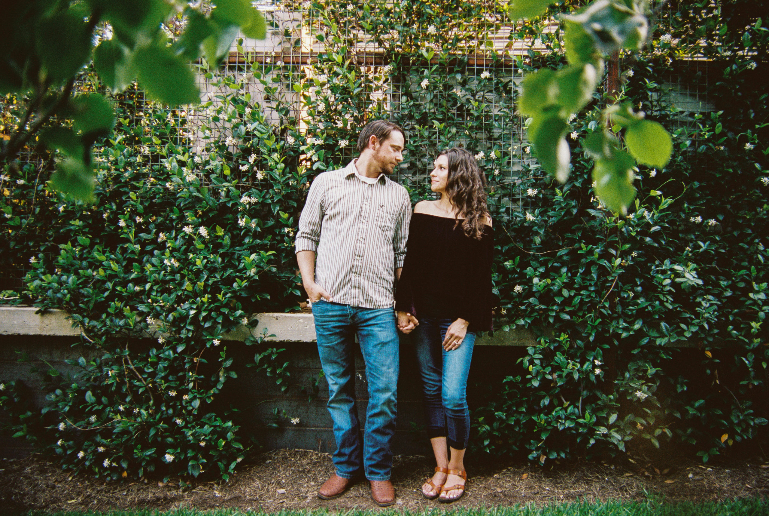 a man and a woman stand in front of a honeysuckle wall holding hands and looking at each other.
