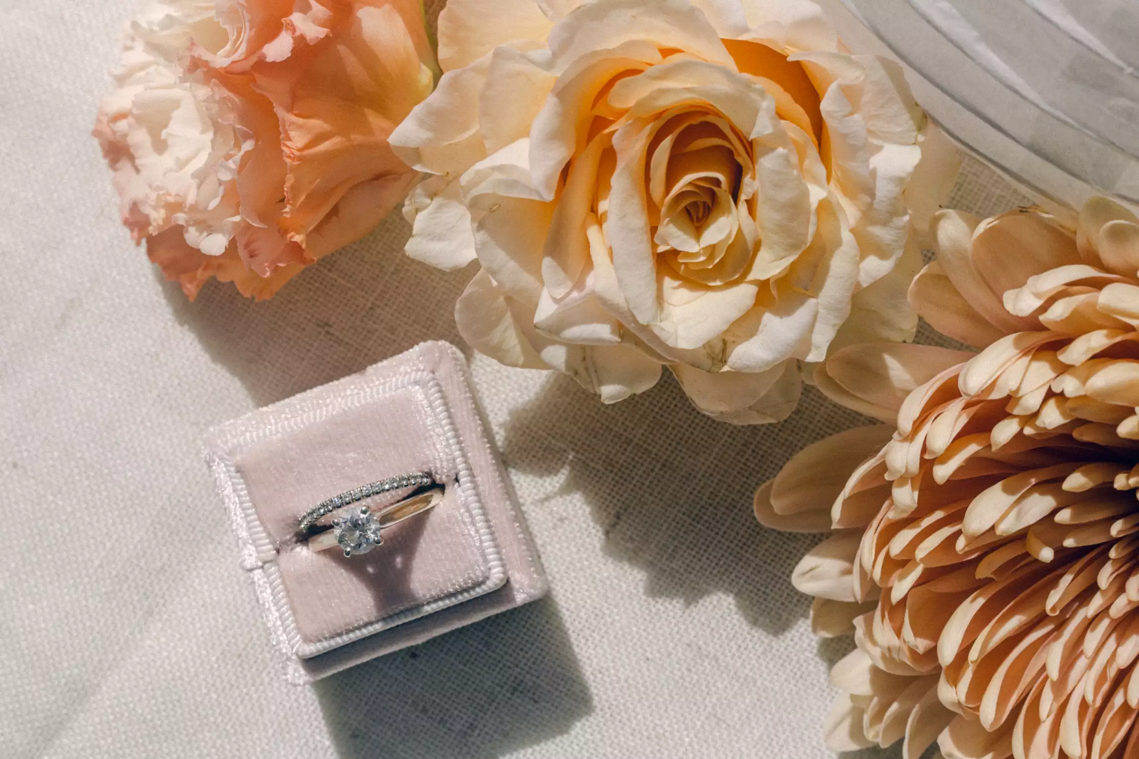 Rae Allen Photography | A detail shot of a ring in a pink box with pink roses