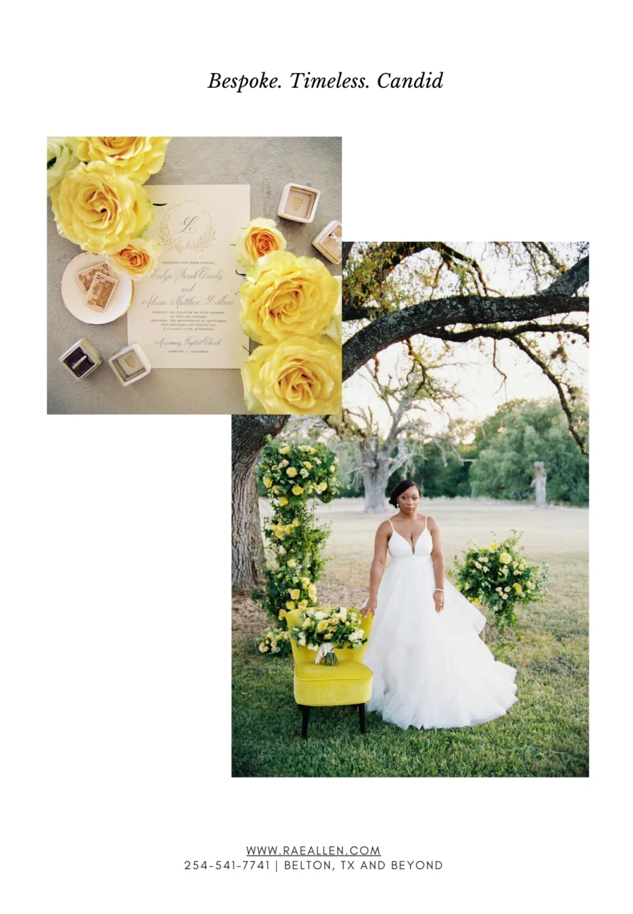 Two pictures, one of a bride standing next to a yellow chair with a floral backdrop, the other a stationary set with roses | Rae Allen Photography